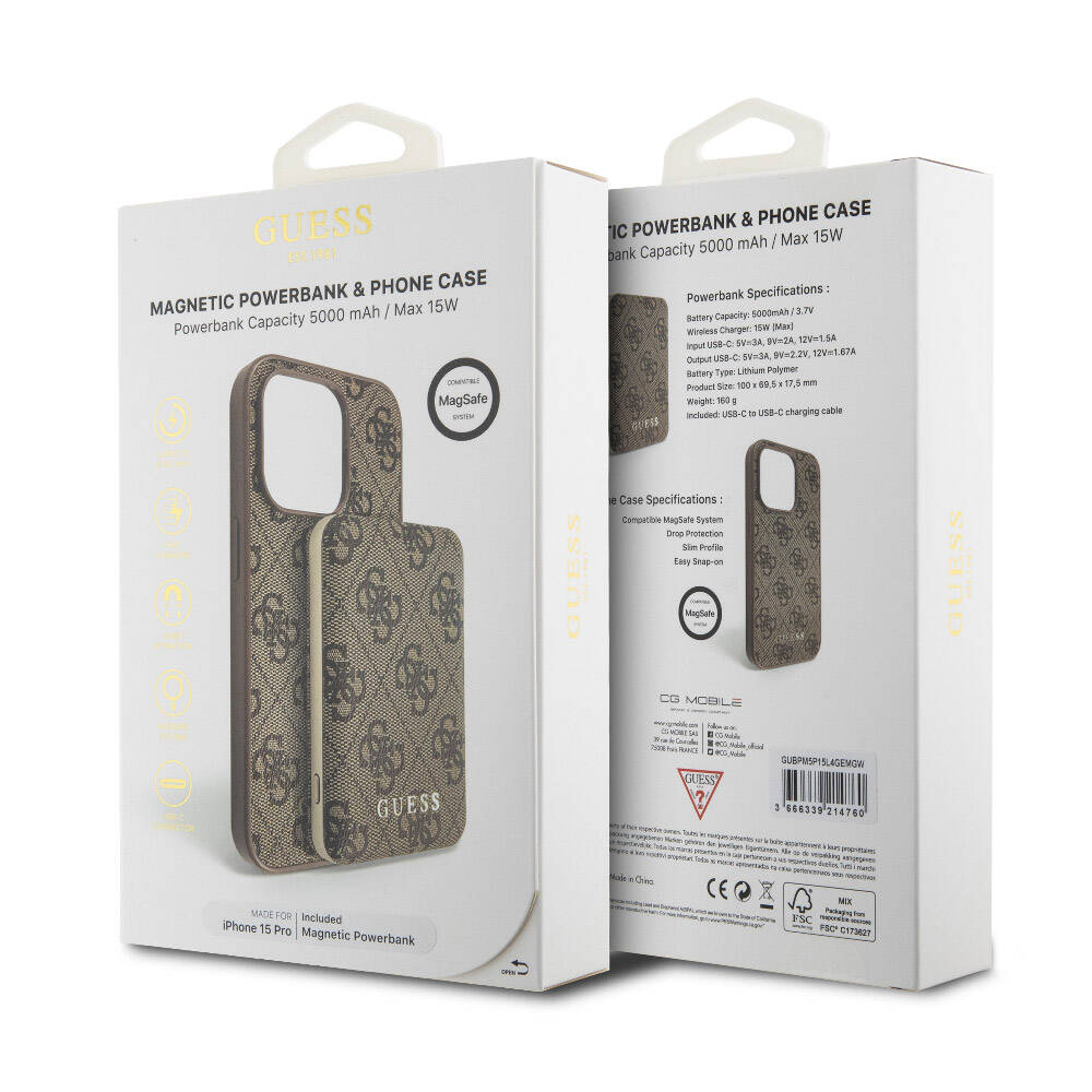iPhone 14 Pro Kılıf Guess Orjinal Lisanslı M-safe Şarj Özellikli Yazı Logolu 4G Desenli Kapak + Powerbank 5000mAh 2in1 Set