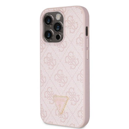 iPhone 14 Pro Kılıf Guess Orjinal Lisanslı PU Deri Taşlı Üçgen Logo 4G Desenli Kapak