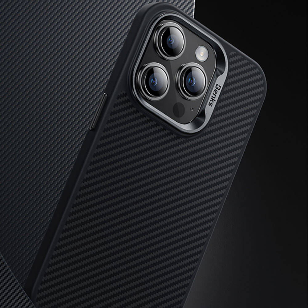 iPhone 14 Pro Kılıf Karbon Fiber M-safe Şarj Özellikli Benks Hybrid ArmorPro 600D Kevlar Kapak