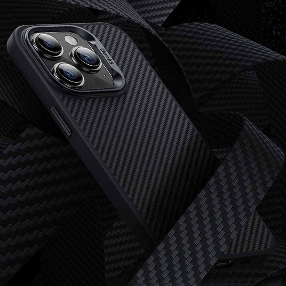 iPhone 14 Pro Kılıf Karbon Fiber M-safe Şarj Özellikli Benks Hybrid ArmorPro 600D Kevlar Kapak