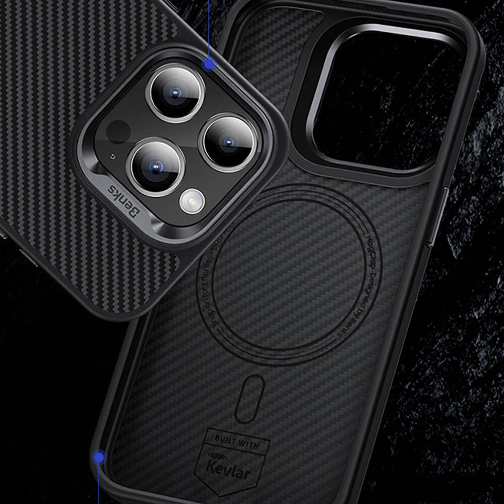 iPhone 14 Pro Kılıf Karbon Fiber M-safe Şarj Özellikli Benks Hybrid ArmorPro 600D Kevlar Kapak