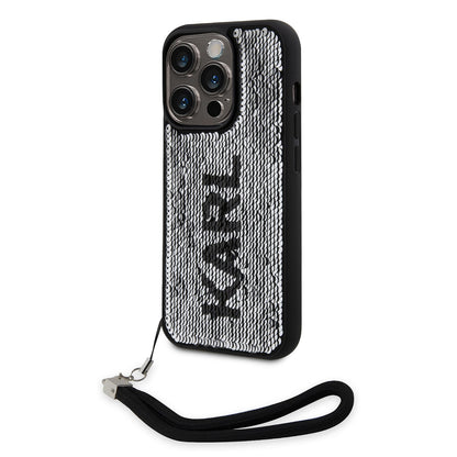 iPhone 14 Pro Kılıf Karl Lagerfeld El Askısı İpli Hareketli Pullu Dizayn Kapak