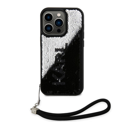 iPhone 14 Pro Kılıf Karl Lagerfeld El Askısı İpli Hareketli Pullu Dizayn Kapak