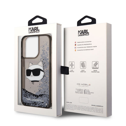 iPhone 14 Pro Kılıf Karl Lagerfeld Sıvılı Simli Choupette Head Dizayn Kapak