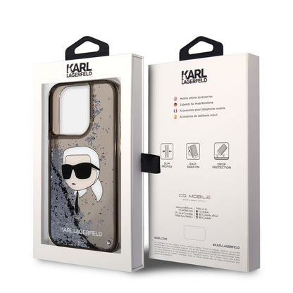 iPhone 14 Pro Kılıf Karl Lagerfeld Sıvılı Simli Karl Head Dizayn Kapak
