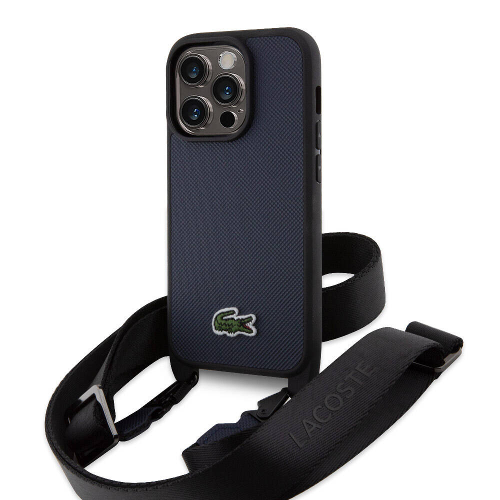 iPhone 14 Pro Kılıf Lacoste Orjinal Lisanslı PU Pike Desenli Arka Yüzey Askılı İkonik Timsah Dokuma Logolu Kapak