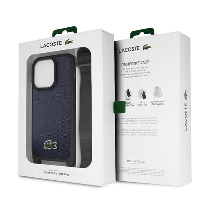 iPhone 14 Pro Kılıf Lacoste Orjinal Lisanslı PU Pike Desenli Arka Yüzey Askılı İkonik Timsah Dokuma Logolu Kapak