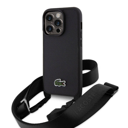 iPhone 14 Pro Kılıf Lacoste Orjinal Lisanslı PU Pike Desenli Arka Yüzey Askılı İkonik Timsah Dokuma Logolu Kapak