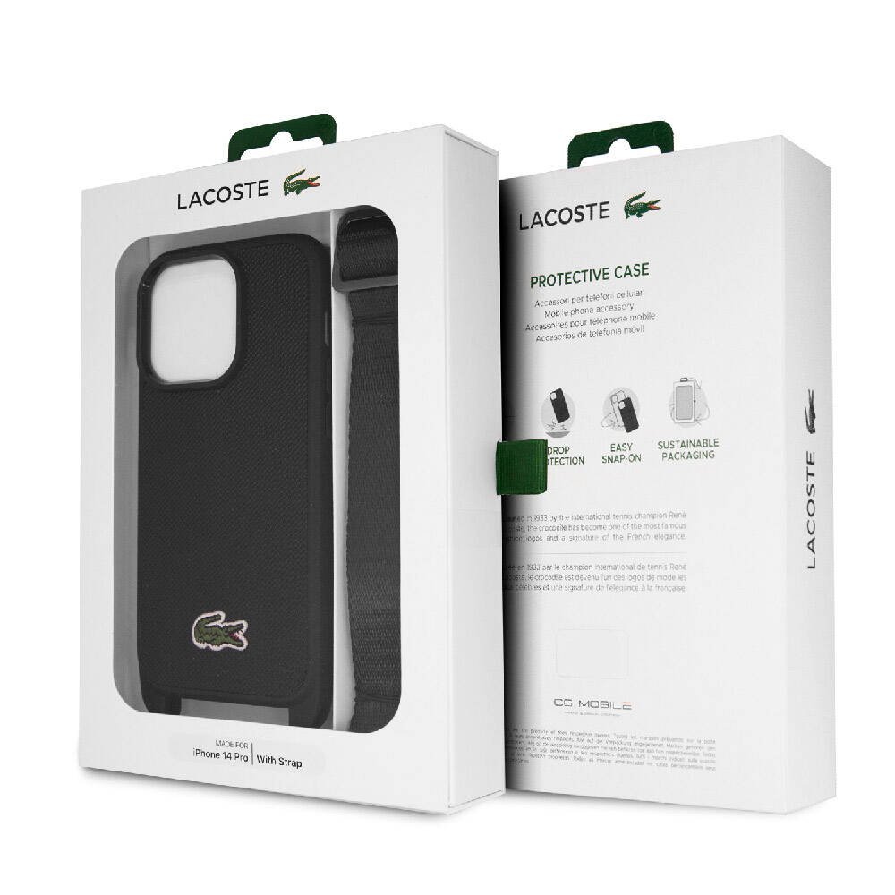 iPhone 14 Pro Kılıf Lacoste Orjinal Lisanslı PU Pike Desenli Arka Yüzey Askılı İkonik Timsah Dokuma Logolu Kapak
