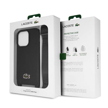 iPhone 14 Pro Kılıf Lacoste Orjinal Lisanslı PU Pike Desenli Arka Yüzey Askılı İkonik Timsah Dokuma Logolu Kapak