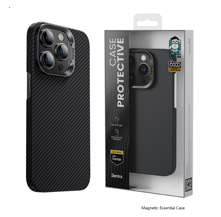 iPhone 14 Pro Kılıf M-safe Şarj Özellikli Karbon Fiber Benks MFM Lisanslı 600D Essential Kevlar Kapak