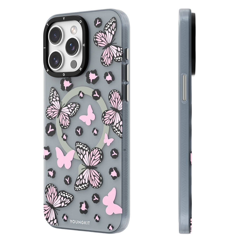 iPhone 14 Pro Kılıf M-safe Şarj Özellikli Kelebek Desenli Youngkit Shadow Dance Serisi Kapak