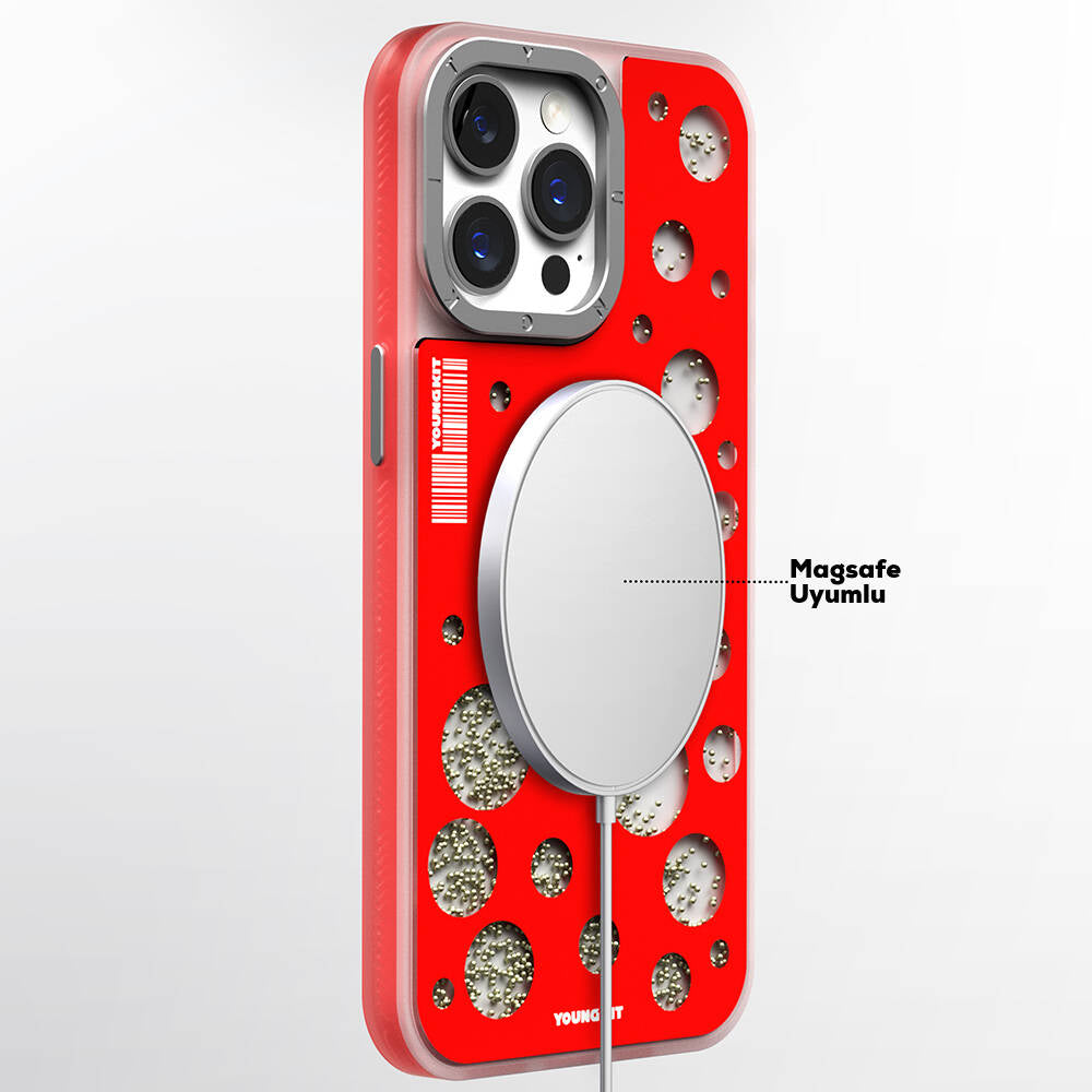 iPhone 14 Pro Kılıf M-safe Şarj Özellikli Youngkit Quicksand Beads Serisi Kapak