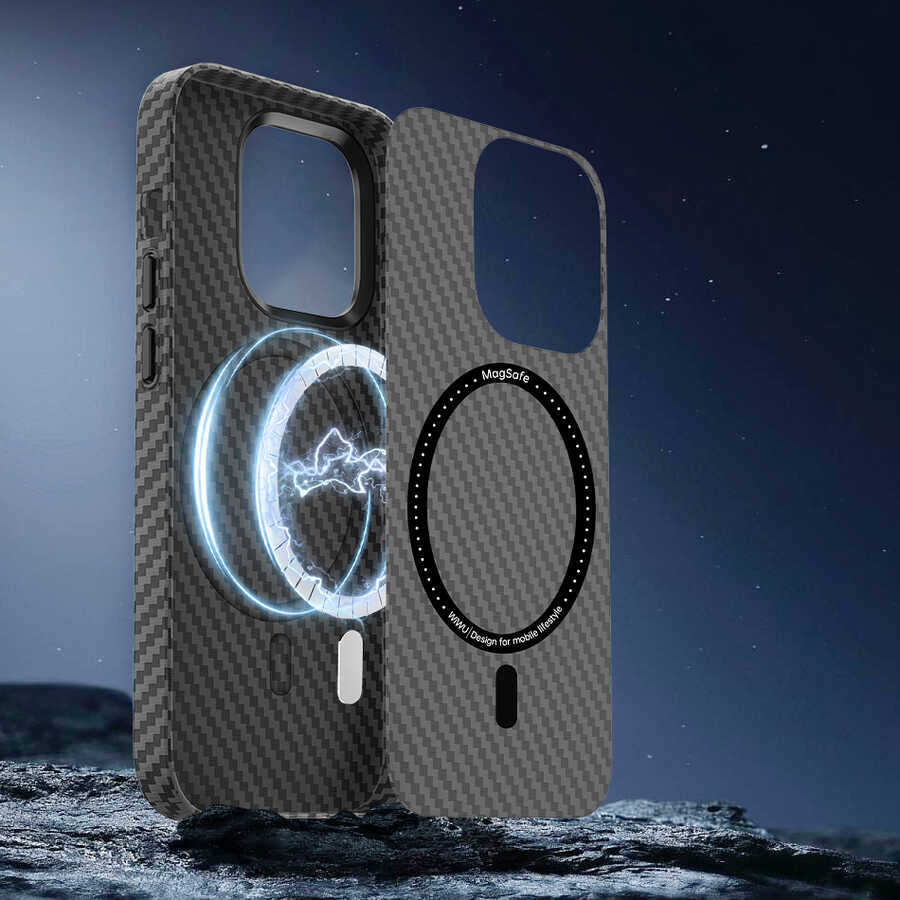 iPhone 14 Pro Kılıf Wiwu Karbon Fiber Görünümlü M-safe Wireless Şarj Özellikli Kabon Kapak