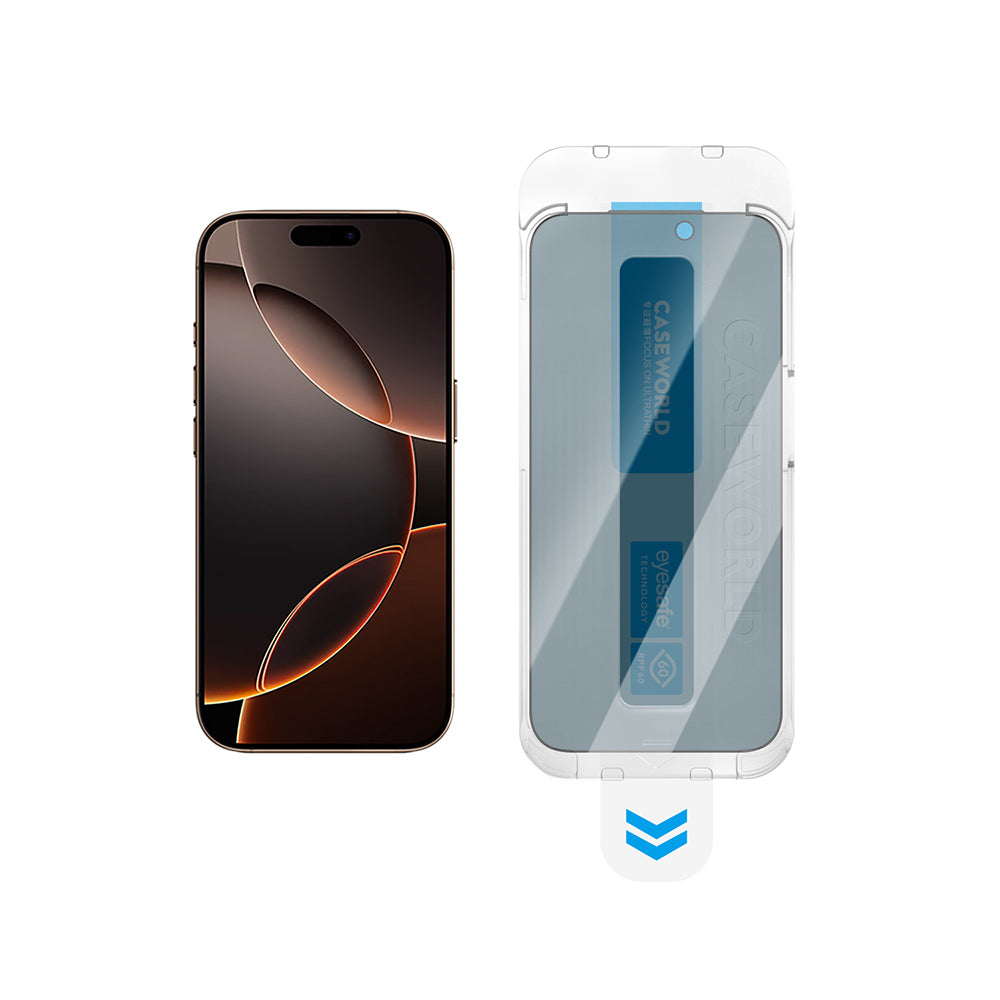 iPhone 14 Pro Max CaseWorld Applicator Serisi 2.5D Eyesafe Mavi Işık Teknolojili 0.33mm Privacy Temperli Cam Ekran Koruyucu + Uygulama Aparatı