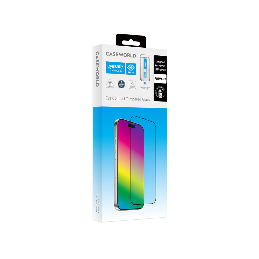 iPhone 14 Pro Max CaseWorld Applicator Serisi 2.5D Eyesafe Mavi Işık Teknolojili 0.33mm Privacy Temperli Cam Ekran Koruyucu + Uygulama Aparatı