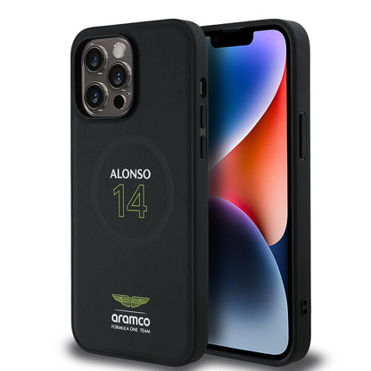 iPhone 14 Pro Max Kılıf Aston Martin Orjinal Lisanslı M-safe Şarj Özellikli PU Deri Alonso 14 Baskılı Kapak