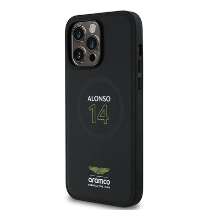 iPhone 14 Pro Max Kılıf Aston Martin Orjinal Lisanslı M-safe Şarj Özellikli PU Deri Alonso 14 Baskılı Kapak