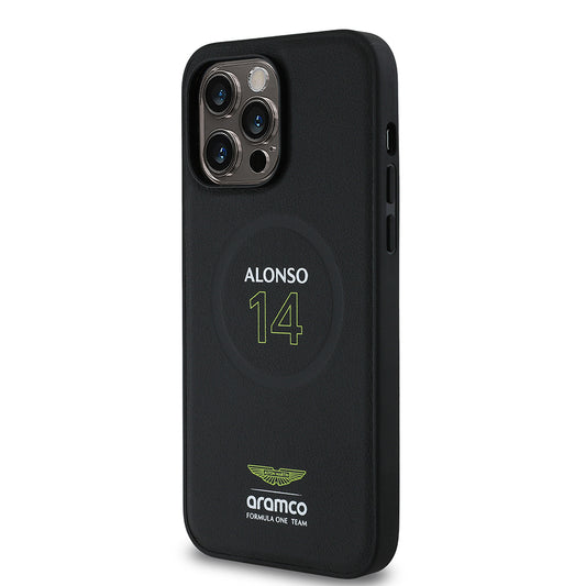 iPhone 14 Pro Max Kılıf Aston Martin Orjinal Lisanslı M-safe Şarj Özellikli PU Deri Alonso 14 Baskılı Kapak