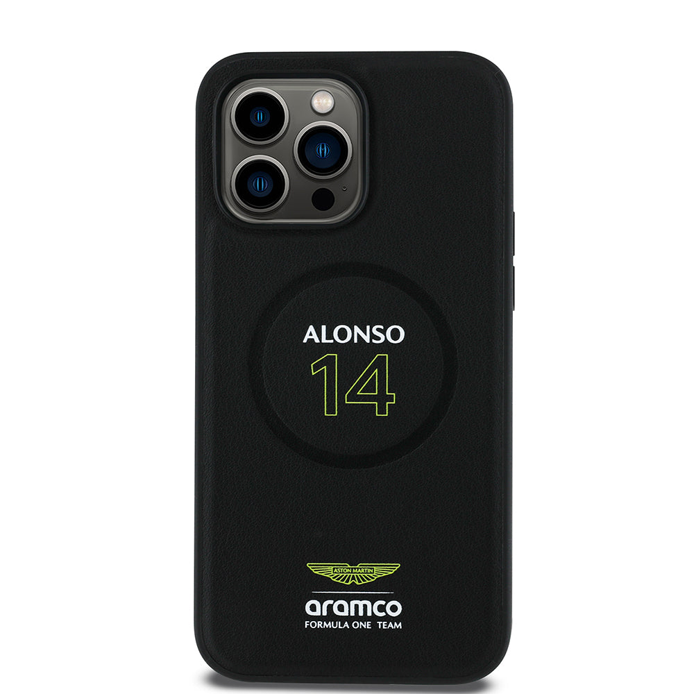 iPhone 14 Pro Max Kılıf Aston Martin Orjinal Lisanslı M-safe Şarj Özellikli PU Deri Alonso 14 Baskılı Kapak