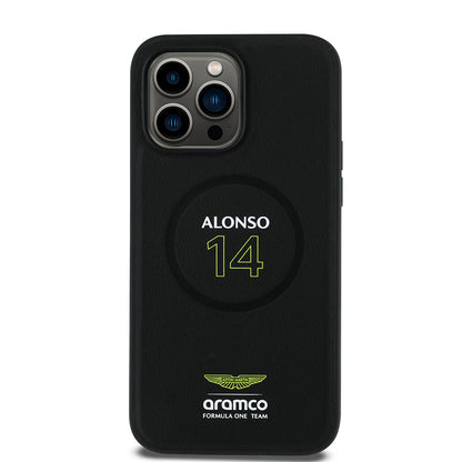 iPhone 14 Pro Max Kılıf Aston Martin Orjinal Lisanslı M-safe Şarj Özellikli PU Deri Alonso 14 Baskılı Kapak