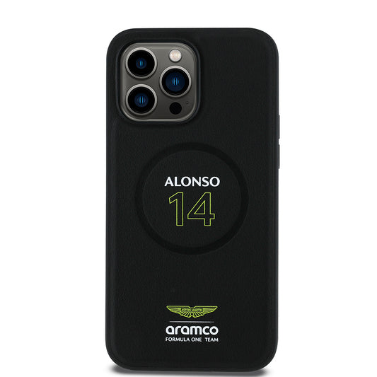 iPhone 14 Pro Max Kılıf Aston Martin Orjinal Lisanslı M-safe Şarj Özellikli PU Deri Alonso 14 Baskılı Kapak