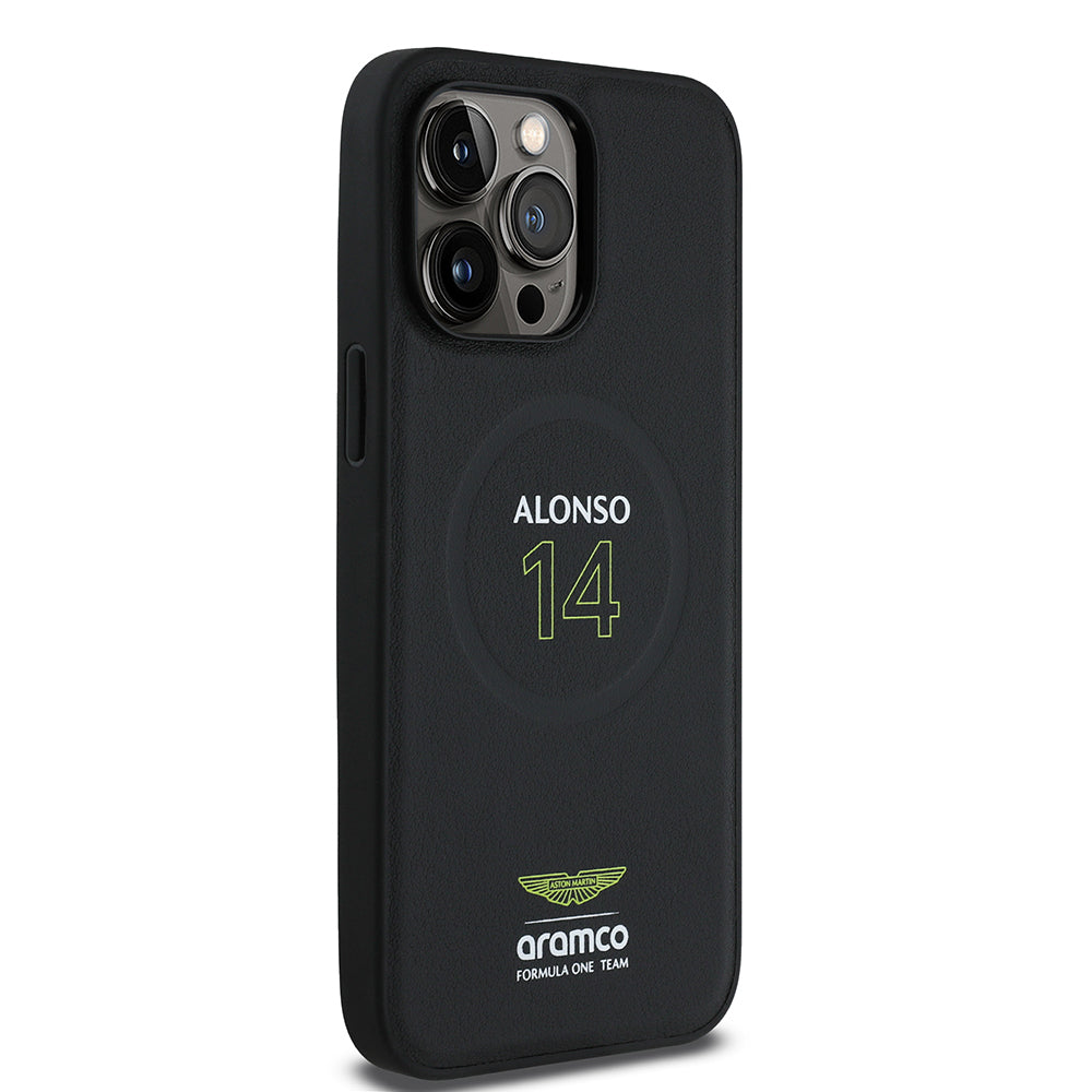 iPhone 14 Pro Max Kılıf Aston Martin Orjinal Lisanslı M-safe Şarj Özellikli PU Deri Alonso 14 Baskılı Kapak