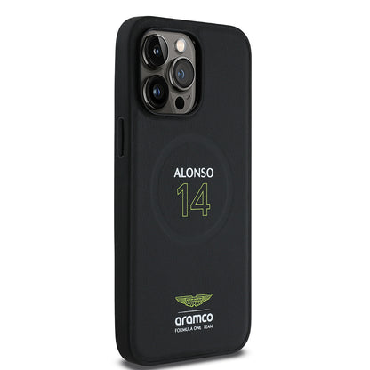 iPhone 14 Pro Max Kılıf Aston Martin Orjinal Lisanslı M-safe Şarj Özellikli PU Deri Alonso 14 Baskılı Kapak