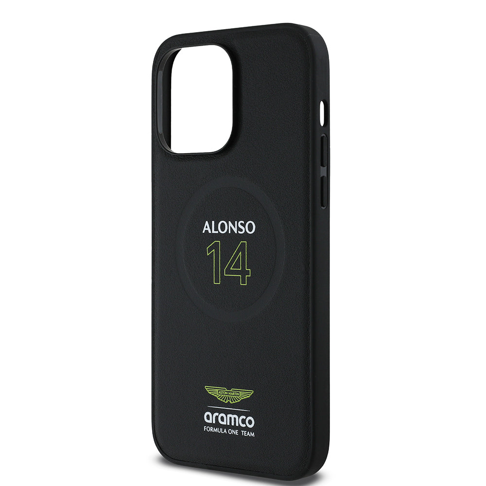 iPhone 14 Pro Max Kılıf Aston Martin Orjinal Lisanslı M-safe Şarj Özellikli PU Deri Alonso 14 Baskılı Kapak