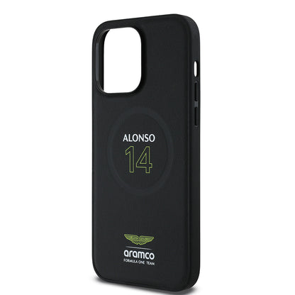 iPhone 14 Pro Max Kılıf Aston Martin Orjinal Lisanslı M-safe Şarj Özellikli PU Deri Alonso 14 Baskılı Kapak