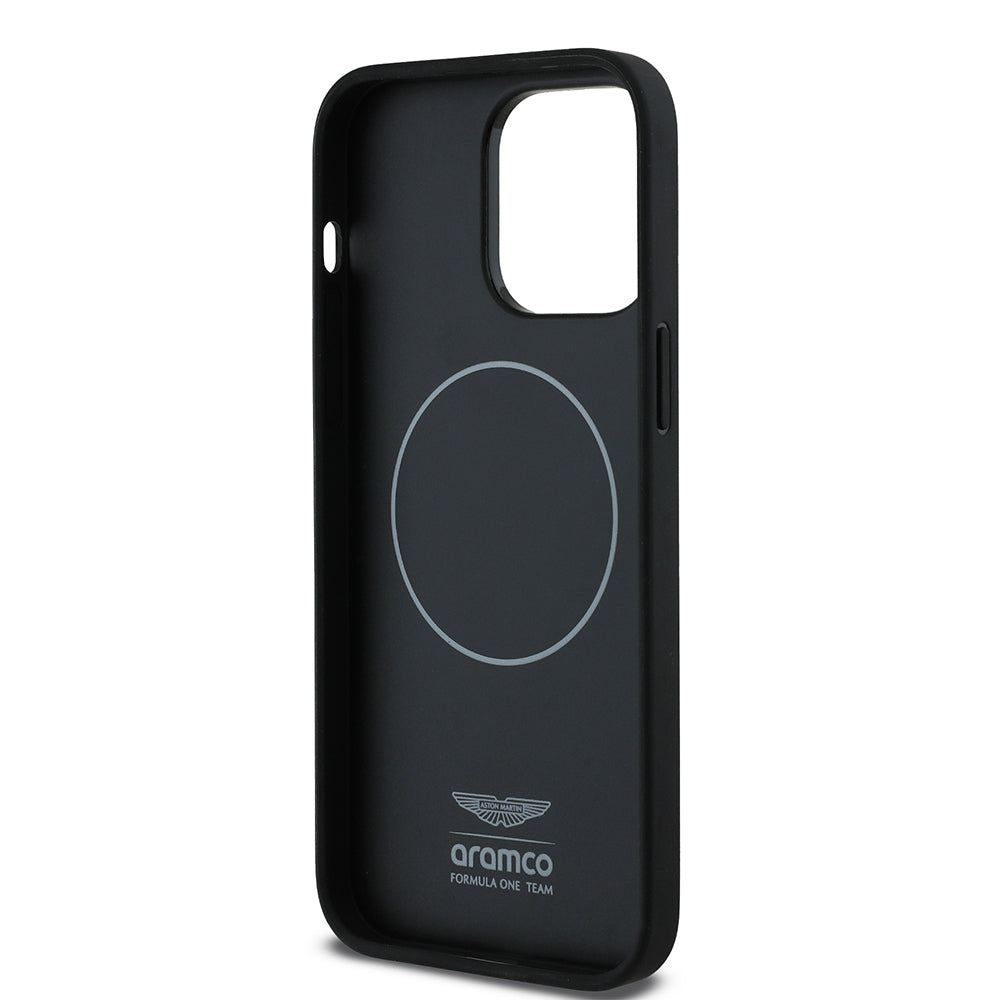 iPhone 14 Pro Max Kılıf Aston Martin Orjinal Lisanslı M-safe Şarj Özellikli PU Deri Alonso 14 Baskılı Kapak