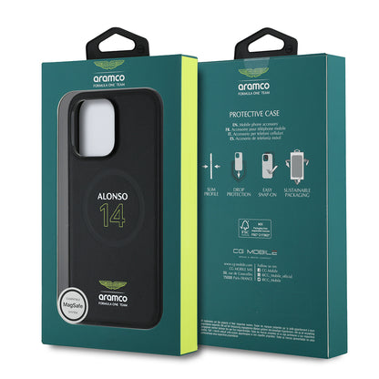 iPhone 14 Pro Max Kılıf Aston Martin Orjinal Lisanslı M-safe Şarj Özellikli PU Deri Alonso 14 Baskılı Kapak