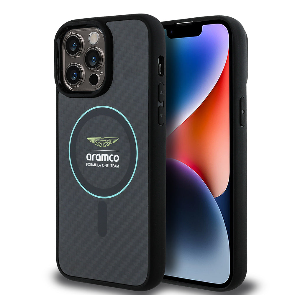 iPhone 14 Pro Max Kılıf Aston Martin Orjinal Lisanslı M-safe Şarj Özellikli Renkli Halka ve Karbon Fiber Tasarımlı Kapak