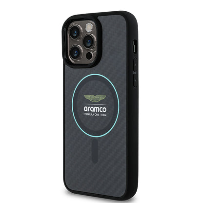 iPhone 14 Pro Max Kılıf Aston Martin Orjinal Lisanslı M-safe Şarj Özellikli Renkli Halka ve Karbon Fiber Tasarımlı Kapak