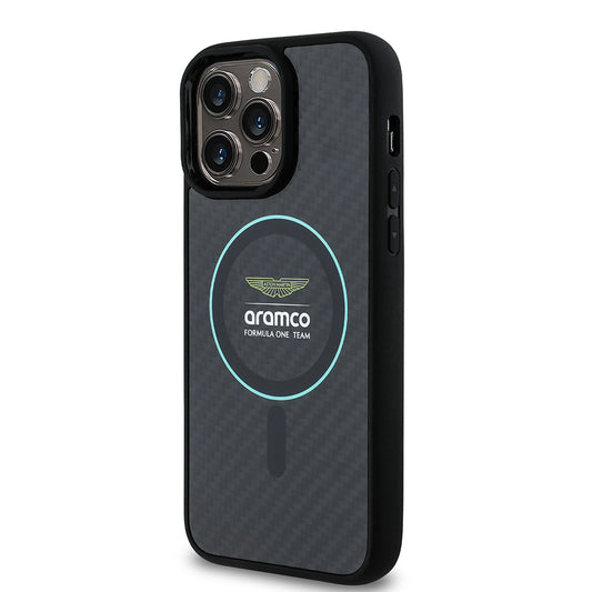 iPhone 14 Pro Max Kılıf Aston Martin Orjinal Lisanslı M-safe Şarj Özellikli Renkli Halka ve Karbon Fiber Tasarımlı Kapak