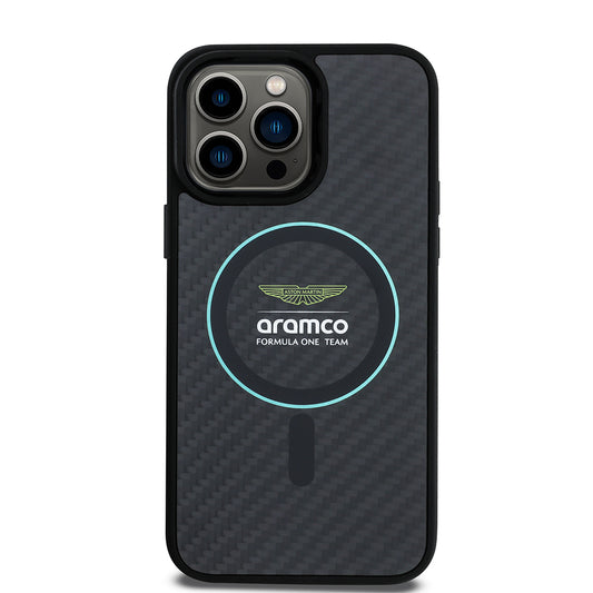 iPhone 14 Pro Max Kılıf Aston Martin Orjinal Lisanslı M-safe Şarj Özellikli Renkli Halka ve Karbon Fiber Tasarımlı Kapak