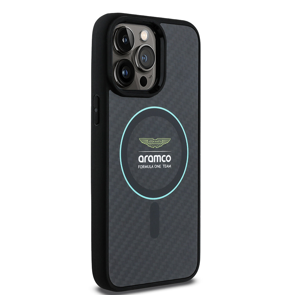 iPhone 14 Pro Max Kılıf Aston Martin Orjinal Lisanslı M-safe Şarj Özellikli Renkli Halka ve Karbon Fiber Tasarımlı Kapak