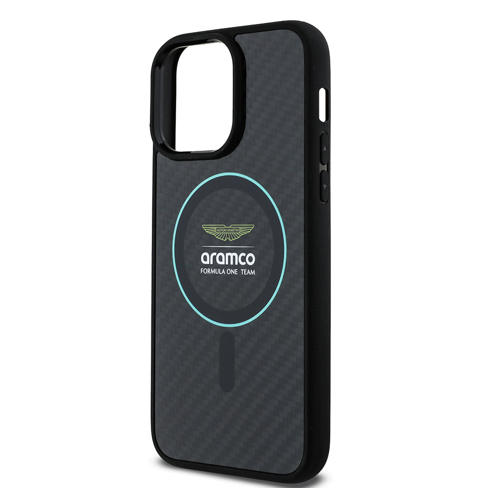 iPhone 14 Pro Max Kılıf Aston Martin Orjinal Lisanslı M-safe Şarj Özellikli Renkli Halka ve Karbon Fiber Tasarımlı Kapak