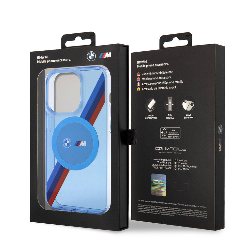 iPhone 14 Pro Max Kılıf BMW M-safe Şarj Özellikli Transparan Tricolor Stripes Orjinal Lisanslı Kapak