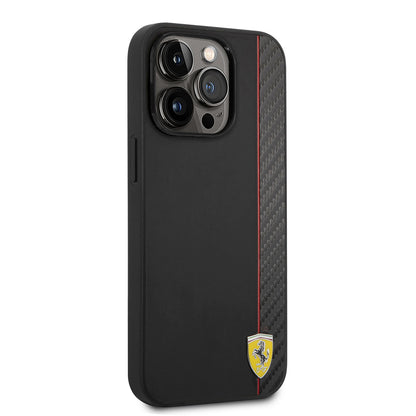 iPhone 14 Pro Max Kılıf Ferrari M-safe Şarj Özellikli Pu Deri Ve Karbon Şeritli Dizayn Kapak