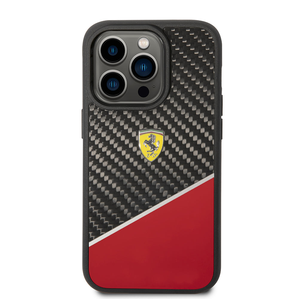iPhone 14 Pro Max Kılıf Ferrari Orjinal Lisanlı Klasik Metal Logolu Karbon Şerit Desenli Kapak