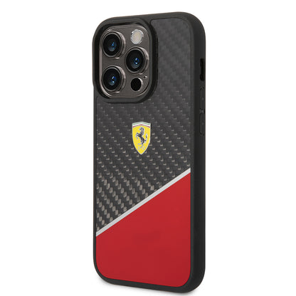 iPhone 14 Pro Max Kılıf Ferrari Orjinal Lisanlı Klasik Metal Logolu Karbon Şerit Desenli Kapak