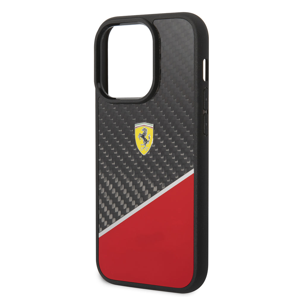 iPhone 14 Pro Max Kılıf Ferrari Orjinal Lisanlı Klasik Metal Logolu Karbon Şerit Desenli Kapak