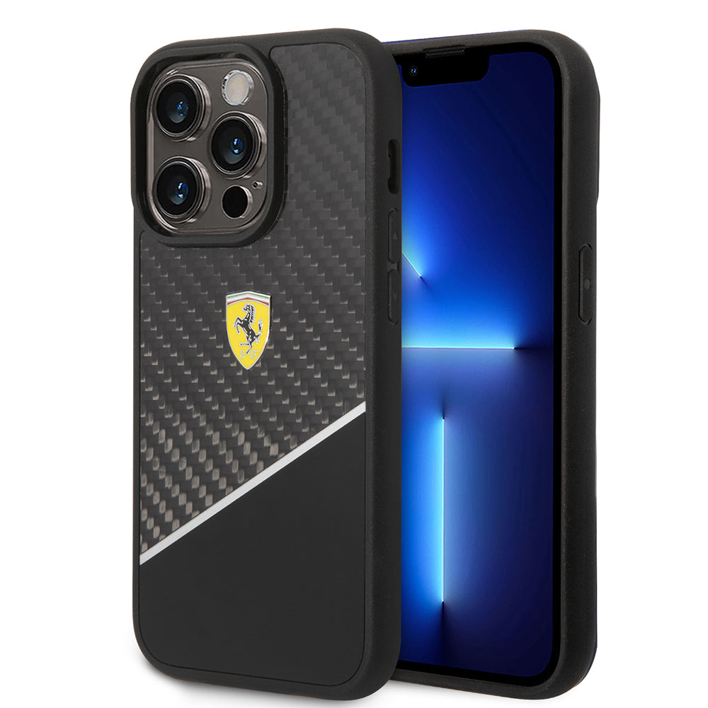 iPhone 14 Pro Max Kılıf Ferrari Orjinal Lisanlı Klasik Metal Logolu Karbon Şerit Desenli Kapak