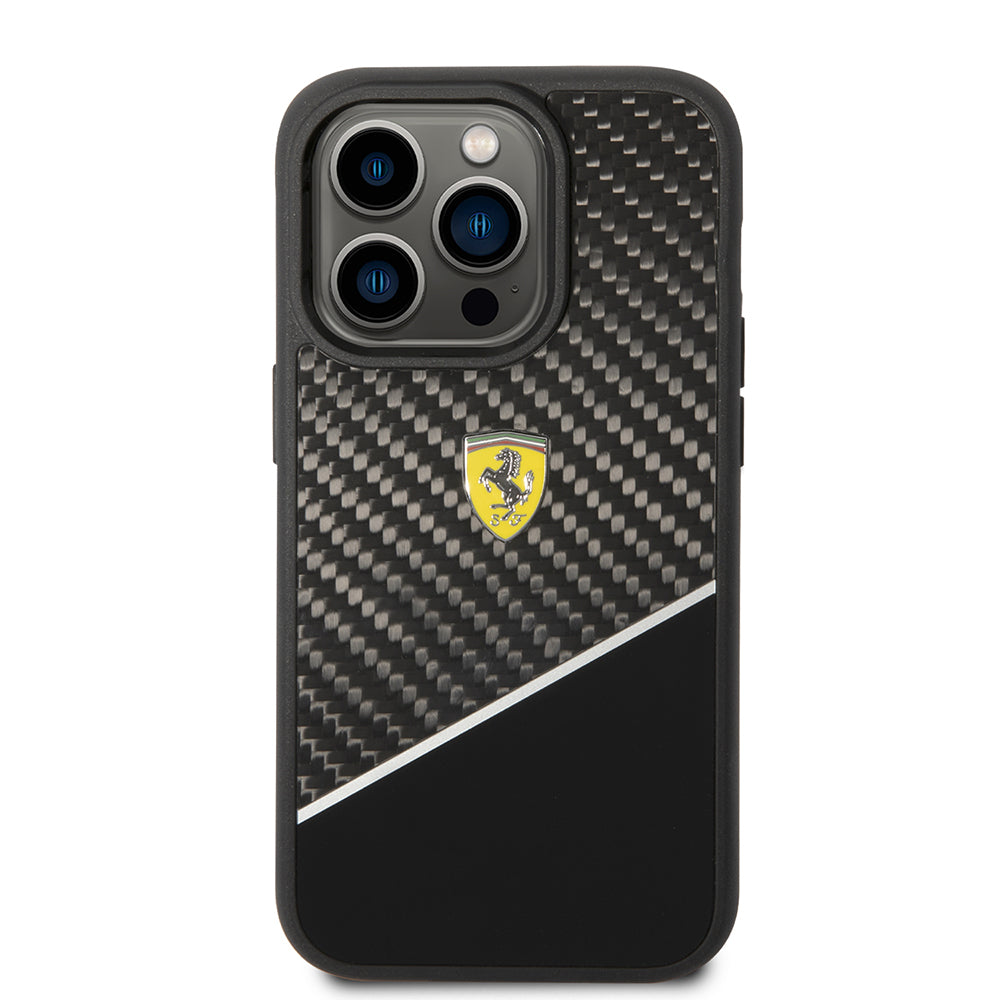 iPhone 14 Pro Max Kılıf Ferrari Orjinal Lisanlı Klasik Metal Logolu Karbon Şerit Desenli Kapak