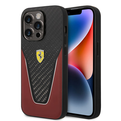 iPhone 14 Pro Max Kılıf Ferrari Orjinal Lisanlı Klasik Metal Logolu Karbon V Desenli Kapak