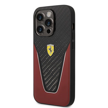 iPhone 14 Pro Max Kılıf Ferrari Orjinal Lisanlı Klasik Metal Logolu Karbon V Desenli Kapak