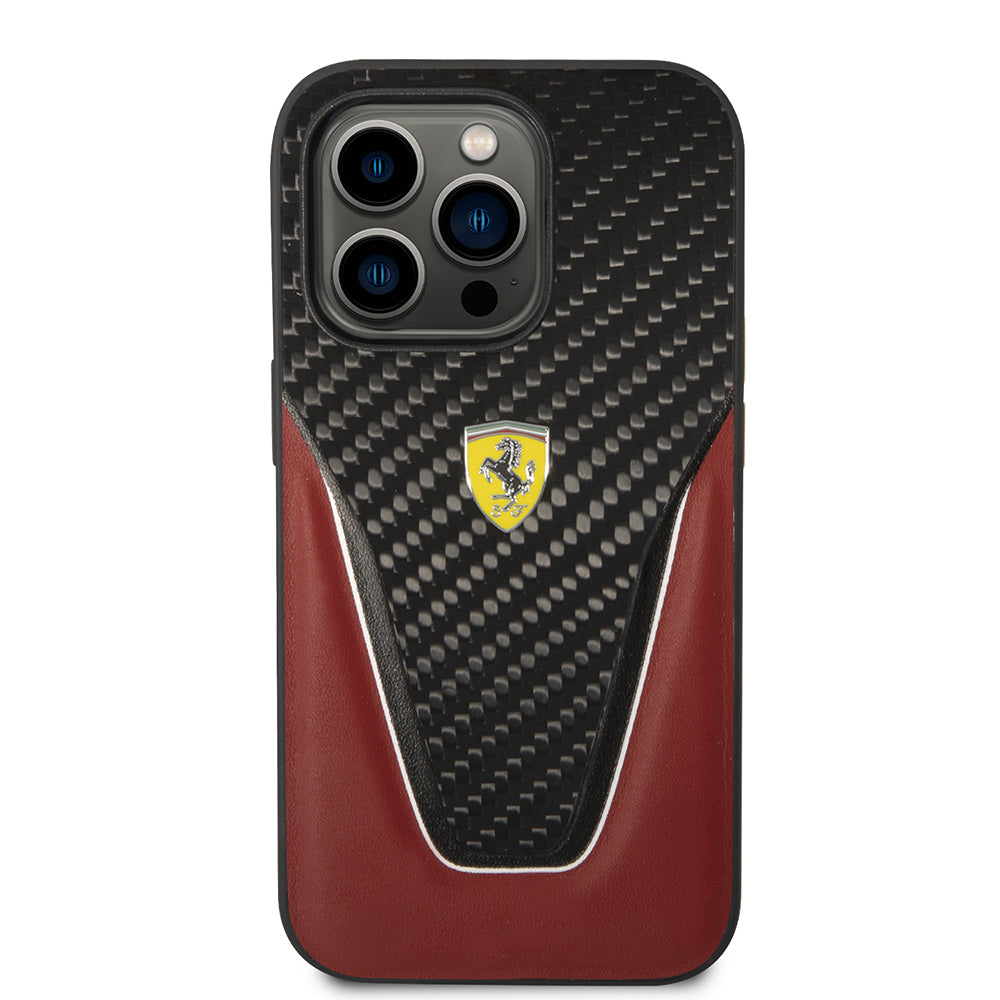 iPhone 14 Pro Max Kılıf Ferrari Orjinal Lisanlı Klasik Metal Logolu Karbon V Desenli Kapak