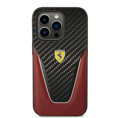 iPhone 14 Pro Max Kılıf Ferrari Orjinal Lisanlı Klasik Metal Logolu Karbon V Desenli Kapak