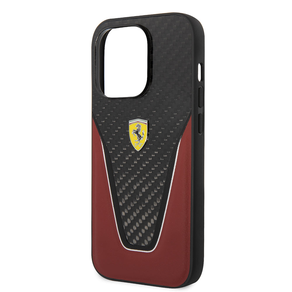 iPhone 14 Pro Max Kılıf Ferrari Orjinal Lisanlı Klasik Metal Logolu Karbon V Desenli Kapak